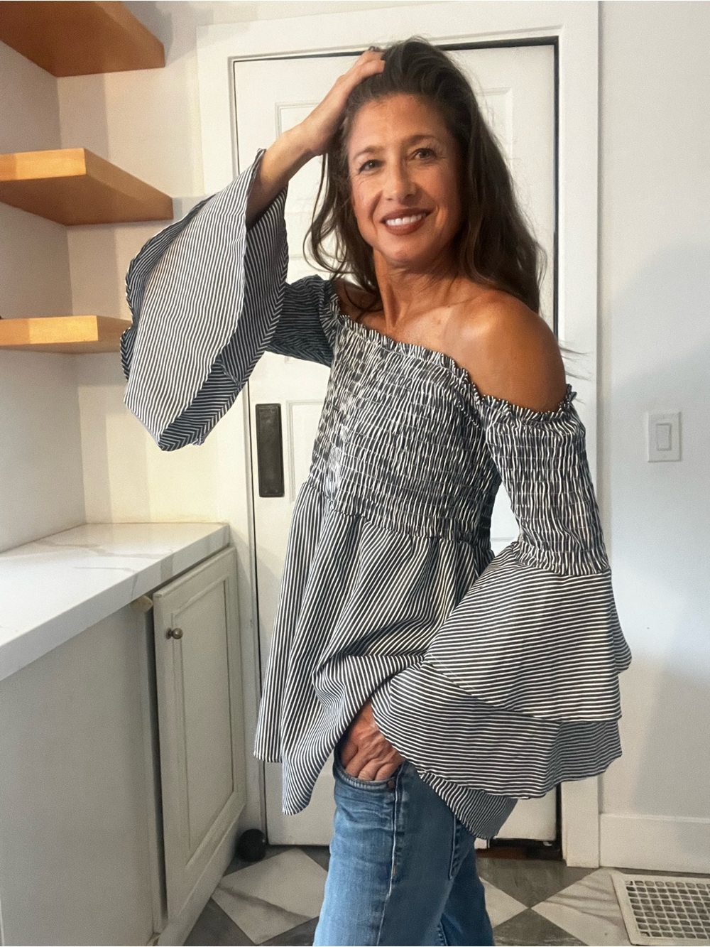 Black & White Pinstripe Off Shoulder Smocked Bell Sleeve Boho Blouse Size S